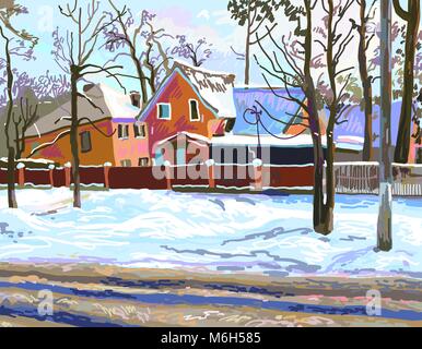 Digitale Malerei der ländlichen Landschaft mit Häusern Stock Vektor