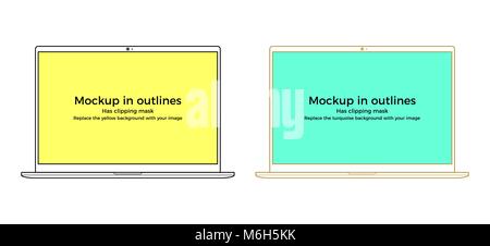Vektor laptop Mockup in Konturen, schwarz und golden. Computer notebook Mockup, bestehend aus Linien, auf weißem Hintergrund. Hat Freistellungsmaske Stock Vektor