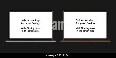Vektor laptop Mockup, Weiß und golden. Computer notebook Mockup, auf weißem Hintergrund. Hat Freistellungsmaske im Bildbereich für Ihre Stock Vektor
