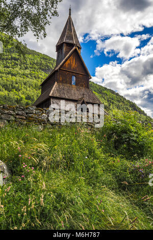 Urnes Stabkirche und Wildblumen, World Heritage Site in Ornes auf den Lustrafjorden, Norwegen, Sognefjorden Stockfoto