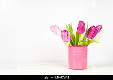 Lila Tulpen in pink Schaufel auf weißem Hintergrund. Kopieren Sie Platz. Stockfoto