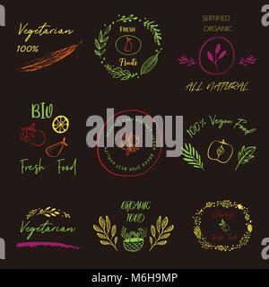 Bio, Ökologie, Bio-Logos und Symbole, Etiketten, Tags. Hand gezeichnet Bio gesund essen Abzeichen, Rohstoff, vegan eingestellt Stock Vektor