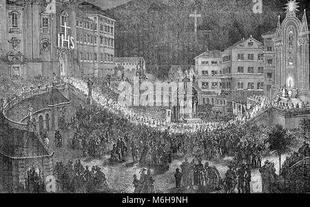 XIX Jahrhundert Gravur, religiöse Festzug in der Nacht in Einsiedel, Deutschland Stockfoto