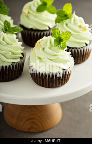 Schokolade mint Cupcakes mit grünem Zuckerguss Stockfoto