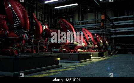 Eine Reihe Reihe der großen roten Roboter in der Gewalt eines Fallout auf Sockeln in der Werkstatt in der Nacht. Sci-fi futuristische Industrie Produktion 3D-Rendering Stockfoto