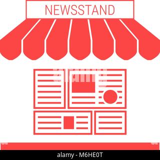 Zeitungskiosk, Nachrichten Stall einzelnen flachen Vektor Icon. Gestreifter Markise und Namensschild Stock Vektor