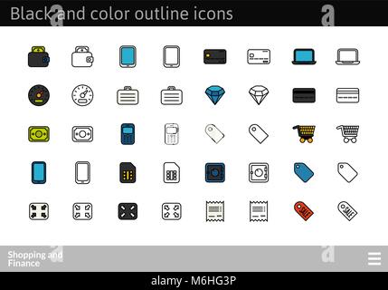 Schwarz und Farbe Gliederung Symbole, dünnen Strich-Linie-Style-design Stock Vektor