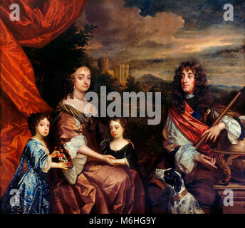 Die Familie von James, Herzog von York. Der Herzog (später König James II und VII) und der Herzogin von York (zuvor Anne Hyde) wurden von Peter Lely in zwischen 1668 und 1670 gemalt. Ihre beiden Töchter, Maria (links) und Anne (rechts), später Königin Maria II. und Königin Anne, waren von Benedetto Gennari in oder nach 1680 hinzugefügt. Schloss Windsor ist im Hintergrund. Stockfoto