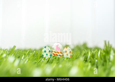 Glas Ostern Eier auf grünem Gras Feld am weißen Zaun in den Garten im Hinterhof. Frohe Ostern tag Konzept. Verlassen sapce für Hinzufügen von Text. 3D-Rendering Stockfoto