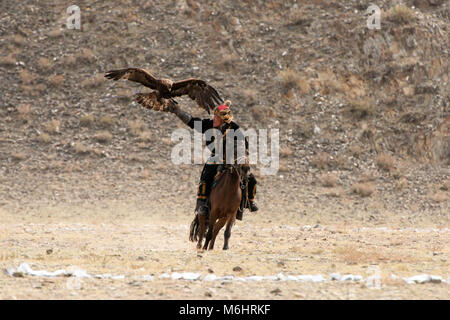 Eine kasachische Eagle Hunter nennt seine Adler während der Golden Eagle festival Wettbewerb 2017 in Olgii, der westlichen Mongolei. Stockfoto