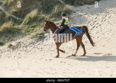 Ein Pferd Reiter auf den Sanddünen bei Crantock Beach in Newquay Cornwall. Stockfoto