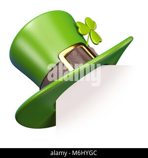 Grüne St. Patrick's Day hut mit Klee Papier Ecke 3D-Render Abbildung auf weißem Hintergrund Stockfoto