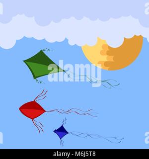 Drachen fliegen in blauer Himmel mit Sonne und Wolken. Freiheit Konzept. Spielzeug für Kinder Stock Vektor