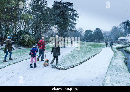 Eine Familie zu Fuß ihren Hund durch fallende Schnee in Trenance Gärten in Newquay Cornwall. Stockfoto