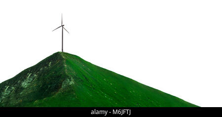 Konzept der Windenergieanlage auf Green Mountain Top. isoliert auf weißem Stockfoto