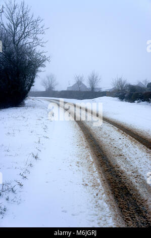 Verschneite Straße durch Sturm Emma & das Tier aus dem Osten in Oxfordshire, UK erstellt. Stockfoto