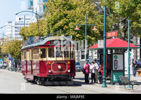 City Tour Straßenbahn-Haltestelle, Worcester Boulevard, Christchurch, Canterbury, Neuseeland Stockfoto