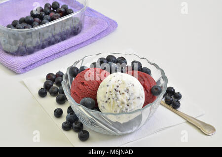 Vanille Eis, Sorbet und Heidelbeeren Heidelbeeren in eine Schüssel auf weißem Hintergrund, Nahaufnahme, full frame Stockfoto