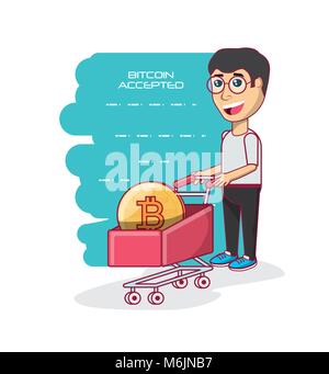 Bitcoin akzeptiert Design mit cartoon Mann mit bitcoin Münze auf einem Warenkorb über Blau und weißen Hintergrund, farbenfrohen Design Vector Illustration Stock Vektor