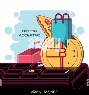 Bitcoin akzeptiert mit Shopping ähnliche Symbole und bitcoin Münze auf weißem Hintergrund, farbenfrohen Design Vector Illustration Stock Vektor