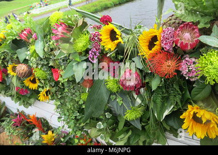 Die lebhaften Farben und Texturen von Blumen, Laub und seedheads auf Jonathan Moseley's Palladianische Brücke an der RHS Chatsworth Flower Show, Juni 2017 Stockfoto