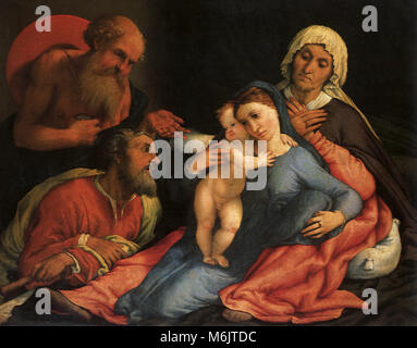 Madonna mit Kind und Heiligen Hieronymus, Joseph, & Anne, Lotto, Lorenzo, 1530. Stockfoto