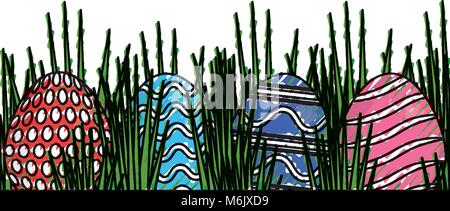 Bunte Ostereier im Gras doddle auf weißem Hintergrund Vector Illustration Stock Vektor