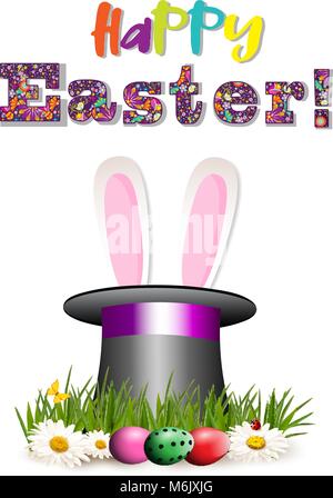 Frohe Ostern Grußkarte mit bunten Schriftzug, Cartoon rosa Hase oder Kaninchen Ohren aus Hut Zylinder klemmt auf Gras mit kamillenblüten Stock Vektor