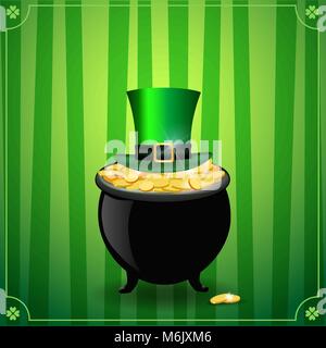 Saint Patricks Day Karte mit Schatz von Kobold, Topf voll von Goldmünzen und Hut auf grün gestreiften Hintergrund mit eleganten Shamrock clover Grenze. Stock Vektor