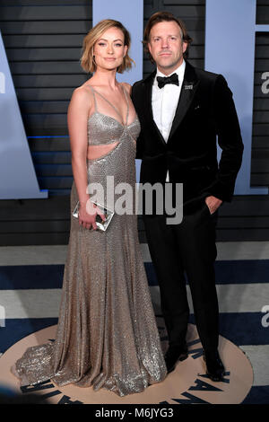 Olivia Wilde und Jason Sudeikis Teilnahme an die Vanity Fair Oscar Party in Beverly Hills, Los Angeles, USA statt. Stockfoto