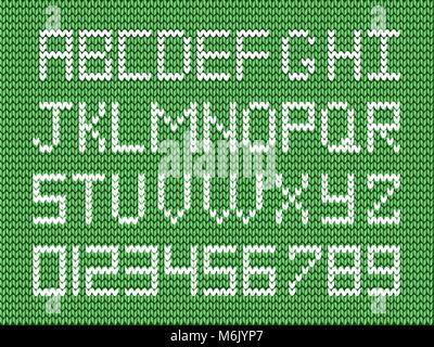 Fabric Skript auf Hellgrün aus Gewirken Hintergrund. Weiß aus Buchstaben und Ziffern. Vector Illustration, Zeichen, Symbole für die Texterstellung. Stock Vektor