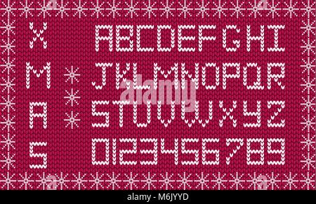 Stricken Sie Silvester oder Weihnachten Alphabet mit Schneeflocken eingerahmt. Neues Jahr burgund Hintergrund mit weißen gestrickten Alphabet. Stoff Weihnachten oder Neujahr scr Stock Vektor