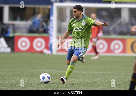 Seattle, Washington, USA. 4 Mär, 2018. MLS Fußball 2018: Seattle's CRISTIAN ROLDAN (7) in Aktion als Los Angeles FC besucht den Seattle Sounders in einem MLS-Match im Century Link Feld in Seattle, WA. Credit: Jeff Halstead/ZUMA Draht/Alamy leben Nachrichten Stockfoto