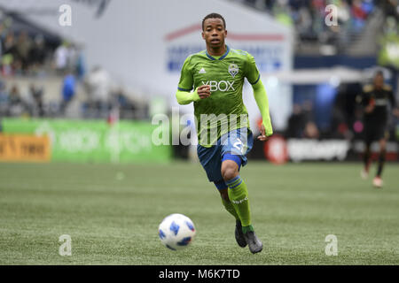 Seattle, Washington, USA. 4 Mär, 2018. MLS Fußball 2018: Seattle's JORDY DELEM (21), die in Aktion als Los Angeles FC besucht den Seattle Sounders in einem MLS-Match im Century Link Feld in Seattle, WA. Credit: Jeff Halstead/ZUMA Draht/Alamy leben Nachrichten Stockfoto