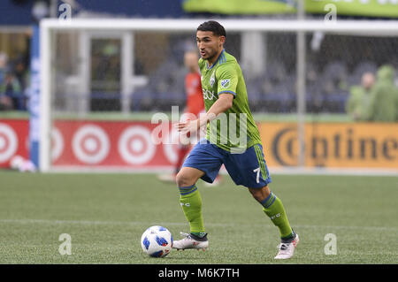 Seattle, Washington, USA. 4 Mär, 2018. MLS Fußball 2018: Seattle's CRISTIAN ROLDAN (7) in Aktion als Los Angeles FC besucht den Seattle Sounders in einem MLS-Match im Century Link Feld in Seattle, WA. Credit: Jeff Halstead/ZUMA Draht/Alamy leben Nachrichten Stockfoto