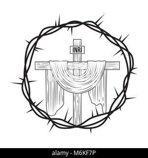 Gravur Heilig Kreuz Krone Dornen Stock Vektor