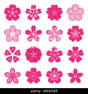 Sakura Symbole. Sammlung von 16 farbigen Ume japanische Kirschblüte Symbole auf einem weißen Hintergrund. Vector Illustration Stock Vektor