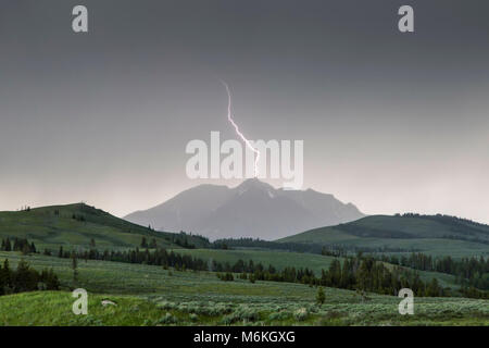 Gewitter bei Sonnenuntergang, Swan Lake Flach. Gewitter und Blitzschlag auf elektrische Spitzenleistung; Stockfoto