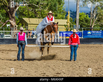 Reiter ihr Pferd in der König der Bereiche Bareback Freestyle Wettbewerb in Murrurundi, NSW, Australien, 24. Februar 2018 springen. Stockfoto