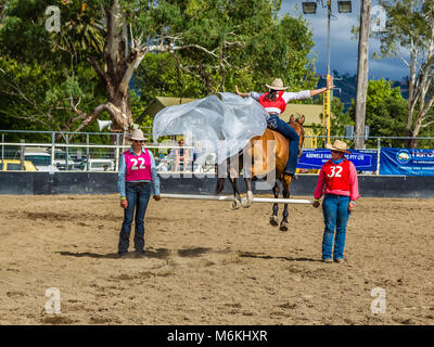 Reiter ihr Pferd in der König der Bereiche Bareback Freestyle Wettbewerb in Murrurundi, NSW, Australien, 24. Februar 2018 springen. Stockfoto