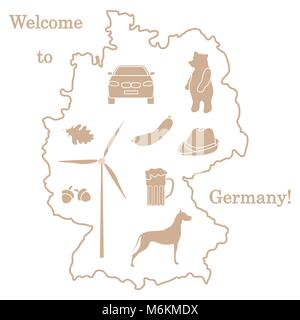 Vector Illustration mit verschiedenen Symbolen in Deutschland. Reisen und Freizeit. Design für Banner, Poster oder Drucken. Stock Vektor