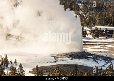 Old Faithful Ausbruch aus der Beobachtung. Stockfoto