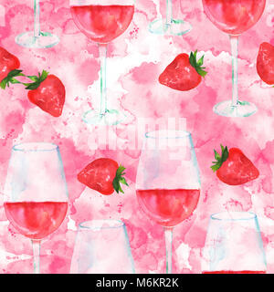 Nahtlose Muster mit Rose Wein und Erdbeeren, Aquarell, wiederholen Sie drucken auf Rosa Stockfoto