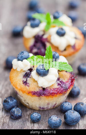 Frische Muffins mit Heidelbeeren und Minze auf Holz- Hintergrund Stockfoto