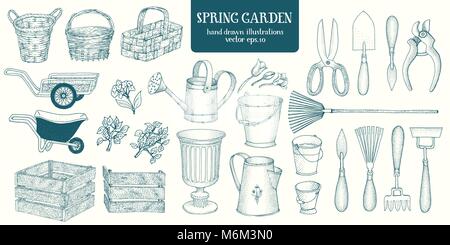 Großer Satz von Hand gezeichnete Skizze garten Elemente. Gartengeräte. Style vintage Abbildungen gravieren. Stock Vektor