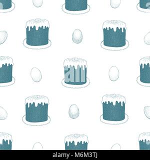 Hand Ostern Kuchen und Eier. Feder vector Hintergrund. Ostern nahtlose Muster. Stock Vektor
