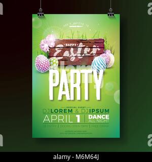 Vektor Ostern party Flyer Abbildung mit bemalten Eiern und Typografie Elemente auf Holz textue Hintergrund. Natur Frühling Urlaub feier Plakat design Vorlage. Stock Vektor