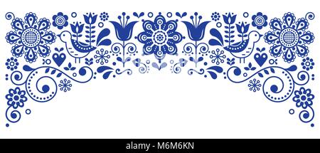 Skandinavische Volkskunst Rahmenlinie retro Vektor Grußkarte Design, floral navy blue Ornament mit birs und Blumen Stock Vektor