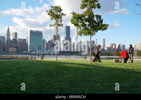 New York City - Oktober 2016: die Leute spielen mit ihren Hunden an Gantry State Park in Long Island City an der East River in Manhattan Skyline in backgrou Stockfoto