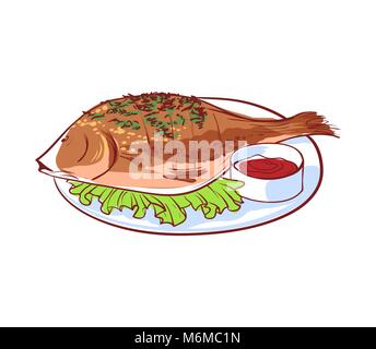 Meer Fisch mit Sauce isoliert Vektor icon Stock Vektor